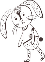 Children animal vector print. Funny 
sad hare, rabbit.Cartoon character. Outline drawing
 on a transparent background. Mockup template for
 clothes, poster, banner. Digital hand drawn art image
