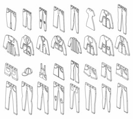 Jeans icons set. Isometric set of jeans vector icons outline isolated on white background