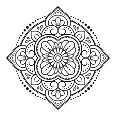 Circular pattern in form of mandala with flower for Henna, Mehndi, tattoo, decoration. Decorative ornament in ethnic oriental style. Outline doodle hand draw vector illustration.