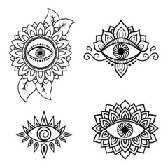 Eye and flower. Set of decorative elements in the oriental mehndi style for laser and plotter cutting, embossing, engraving, printing on clothing. Symbols to protect against the evil eye.