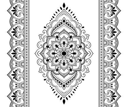 Set of mandala pattern and seamless border for Henna drawing and tattoo. Decoration in ethnic oriental mehndi, Indian style. Doodle ornament in black and white. Hand draw vector illustration.