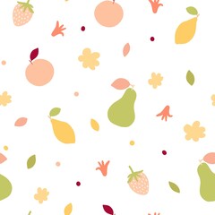 Cute doodle fruit pattern from apples pears lemons strawberries in pastel colors. Vector illustration in hand drawn style for product surface design textile