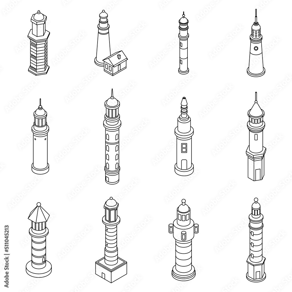 Sticker Lighthouse icons set. Isometric set of lighthouse vector icons outline isolated on white background - Stickers