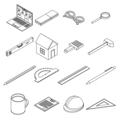 Architect equipment icons set. Isometric set of architect equipment vector icons outline isolated on white background