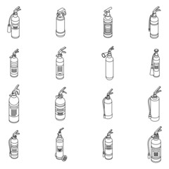 Fire extinguisher icons set. Isometric set of fire extinguisher vector icons outline isolated on white background