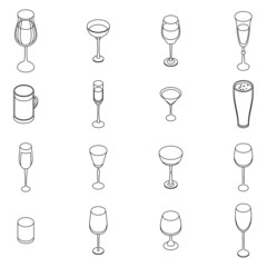 Wineglass icons set. Isometric set of wineglass vector icons outline isolated on white background