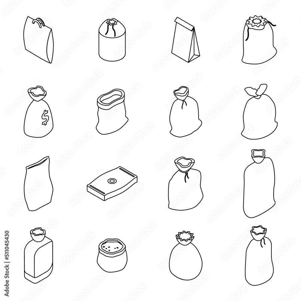 Poster sack icons set. isometric set of sack vector icons outline isolated on white background