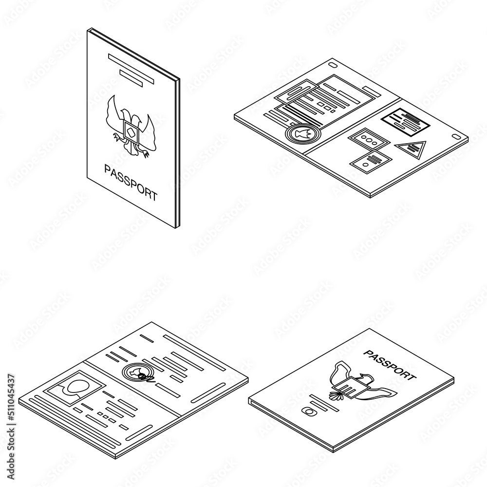 Poster passport icons set. isometric set of passport vector icons outline isolated on white background
