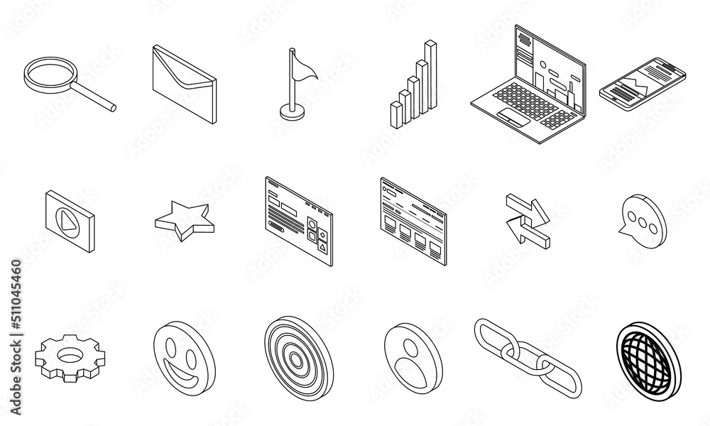 Poster backlink strategy icons set. isometric set of backlink strategy vector icons outline isolated on whi