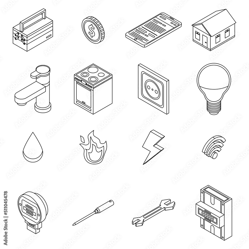 Poster utilities icons set. isometric set of utilities vector icons outline isolated on white background