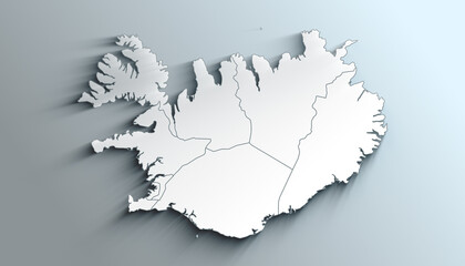 Modern White Map of Iceland with Regions With Shadow