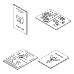 Passport icons set. Isometric set of passport vector icons outline isolated on white background