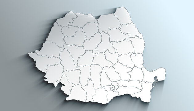 Modern White Map of Romania with Counties With Shadow