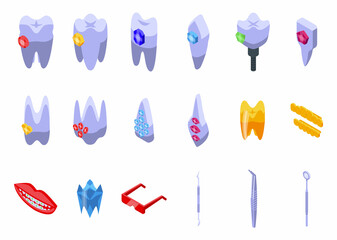 Tooth gems icons set isometric vector. Dental care. Gem medicine