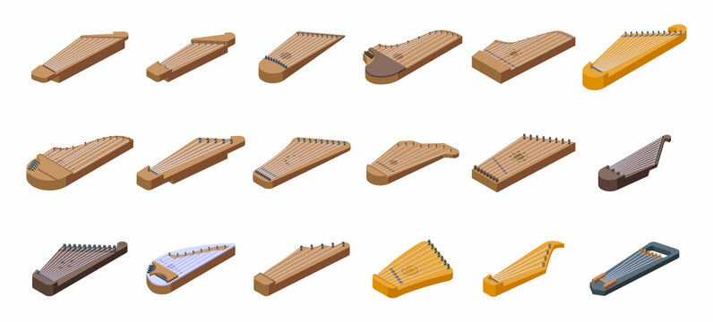 Kantele icons set isometric vector. Acoustic music. Culture concept