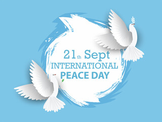 International Day of Peace, with dove and symbol of peace on blue background
