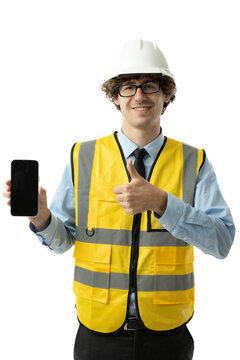 Young Engineering On White Back Ground. He Is Wearing A Hard Hat , Reflect Vest And Is Holding A Phone.