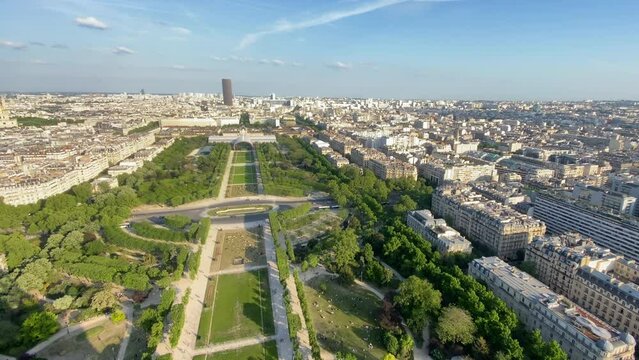 Champs de Mars park seen from the second floor of the Eiffel Tower in Paris, France