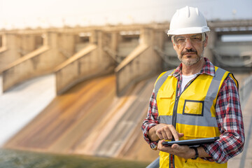 A dam engineering doing his checking routine. He is wearing a white hard hat and yellow transparent vest. He is standing by the rail by the dam.