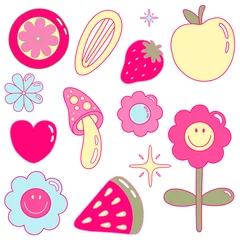Foto op Canvas Vector illustration set from y2k vibe. Nostalgia for the 2000 years. Heart, star, mushroom, apple, strawberry, watermelon, flowers © Iuliia