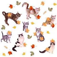 Cats play with fallen maple leaves isolated on white background. Cute cartoon illustration with symbols of chinese new year 2023. Sweet romantic print for fabric, linens in vector.