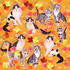 Domestic cats play among the fallen maple leaves. Beautiful seamless autumn print for fabric with chinese new year 2023 symbols.