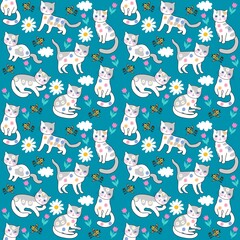 Cute cartoon cats, birds, clouds and flowers on a blue background in vector. Seamless animal print for baby fabric.