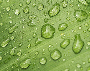 raindrops on a green leaf, macro shot