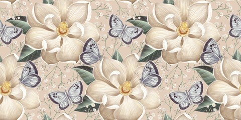 Big white magnolia flowers on beige background, green leaves, beautiful tropical butterflies. Watercolour 3d illustration, hand-drawn. Digital paper, luxury wallpaper, premium mural, cloth, textile