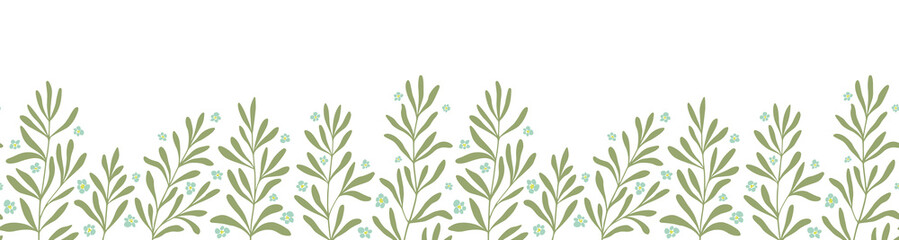 Floral horizontal border with green climbing plants. Vector seamless pattern. Hand drawn background for invitations, cards and posters.