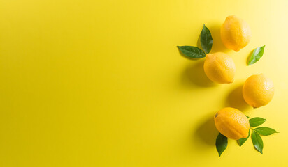 Summer composition made from lemon or lime and leaf on pastel yellow background. Fruit minimal concept. Flat lay, top view, copy space.