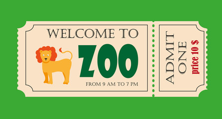 The design of a ticket to the zoo with the image of a cartoon lion. Flat vector illustration