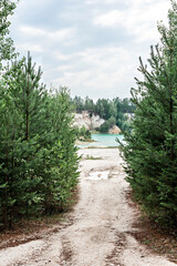 Fototapeta na wymiar View of a narrow sandy path to the blue water of a lake or river between two pines or firs summer landscape beauty in nature