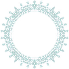 Oriental vector light blue round frame with arabesques and floral elements. Floral border with vintage pattern. Greeting card with circle and place for text