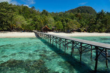 A wooden walkway connects a jetty between coral reefs to the seashore that precedes the landscape and huts of a tourist accommodation area in Raja Ampat Islands, West Papua, Indonesia - obrazy, fototapety, plakaty