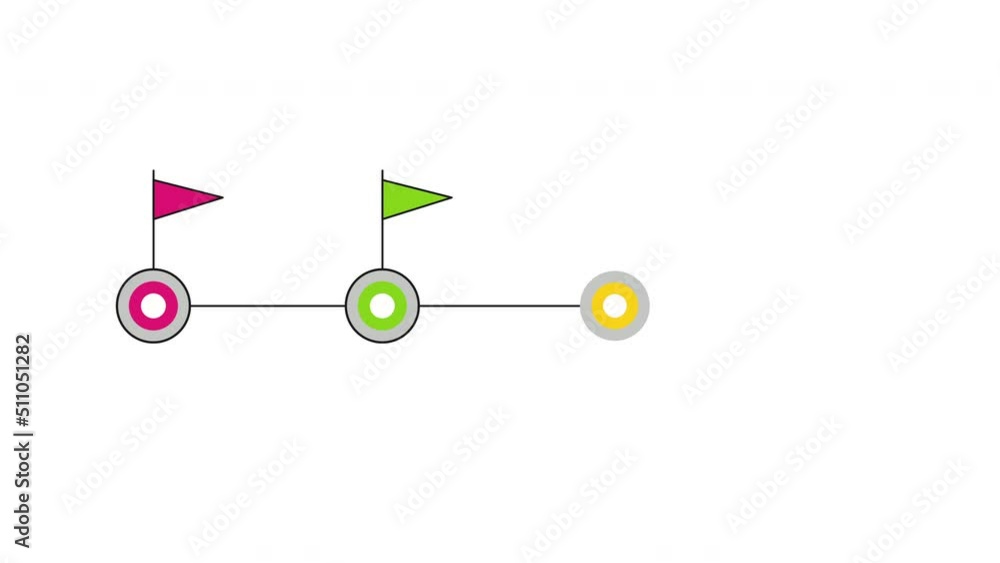 Poster colour 4 step flow chart diagram. infographic template 4k animation with circles and flags for marke