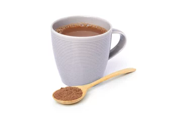 Zelfklevend Fotobehang Grey mug of hot chocolate drink with cocoa powder in wooden spoon isolated on white background. © NIKCOA