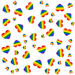 Image abstract doodles seamless pattern. Hearts with rainbow. Gay parade, LGBT rights symbol. Isolated. Background, wrapping paper, bag template, print for packet. High quality illustration.