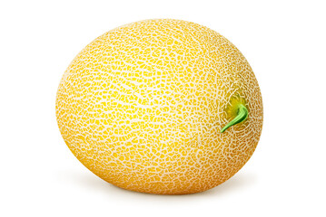 Isolated yellow colorful melon on a white background. Juicy and healthy fruit. Natural bio food to improve digestion and kidney function.