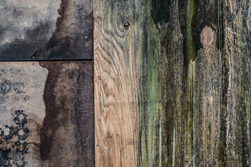 Wood texture background. Rough surface of old knotted table with nature pattern. Top view. Old Dark rough wood floor or surface with splinters and knots. 