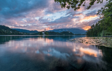 Lake Bled on a spring morning on a vivid sunrise