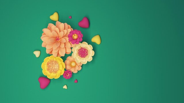 Vertical green floral background with colorful hearts. Greeting card for Valentine's Day, wedding, birthday, Mother's Day, international women's day. Copy space, 3d render