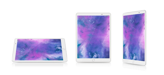 Digital tablet. Gadget showcase. Internet technology. Panoramic front view of device with purple color abstract wallpaper on display set of 3 isolated on white commercial banner.