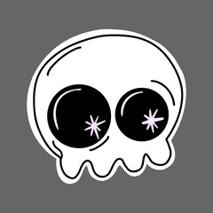 Vector Cute Halloween sticker. Skull with sparkles in empty eye sockets.
