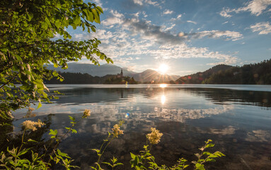 Lake Bled on a spring morning on a vivid sunrise