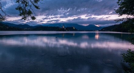 Lake Bled on a spring morning on a vivid sunrise