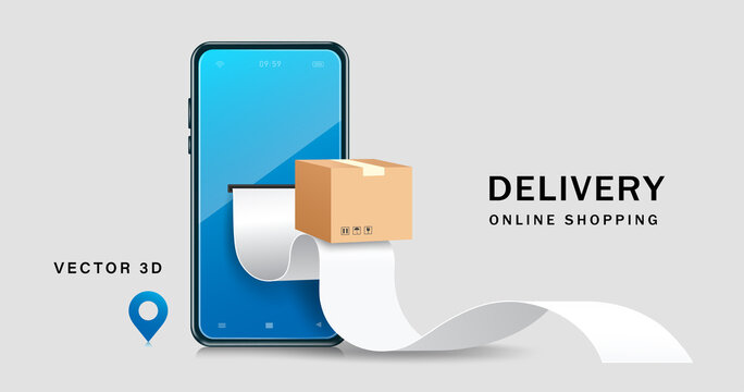 A brown parcel boxes floats on receipt paper trickling out of a smartphone with a blue screen and the placement pin on the side,vector 3d isolated for online shopping and delivery concept design