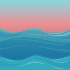Sea or ocean on the background of a crimson sunset. Blue sea waves background. Vector illustration