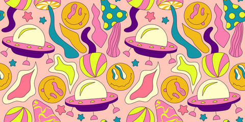 Trippy smile seamless pattern with ufo and mushroom. Psychedelic hippy groovy print. Good 60s, 70s, mood. Vector trippy crazy illustration. Smile face seamless pattern y2k style