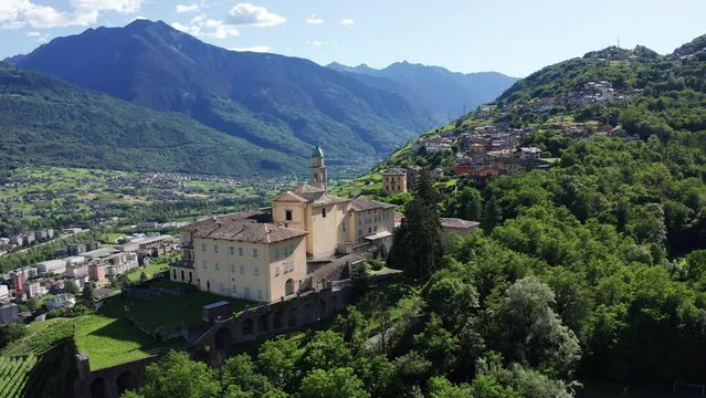 Aerial 4K, Sondrio, Valtellina, Italy, view of Sondrio and the Convent of S. Lorenzo